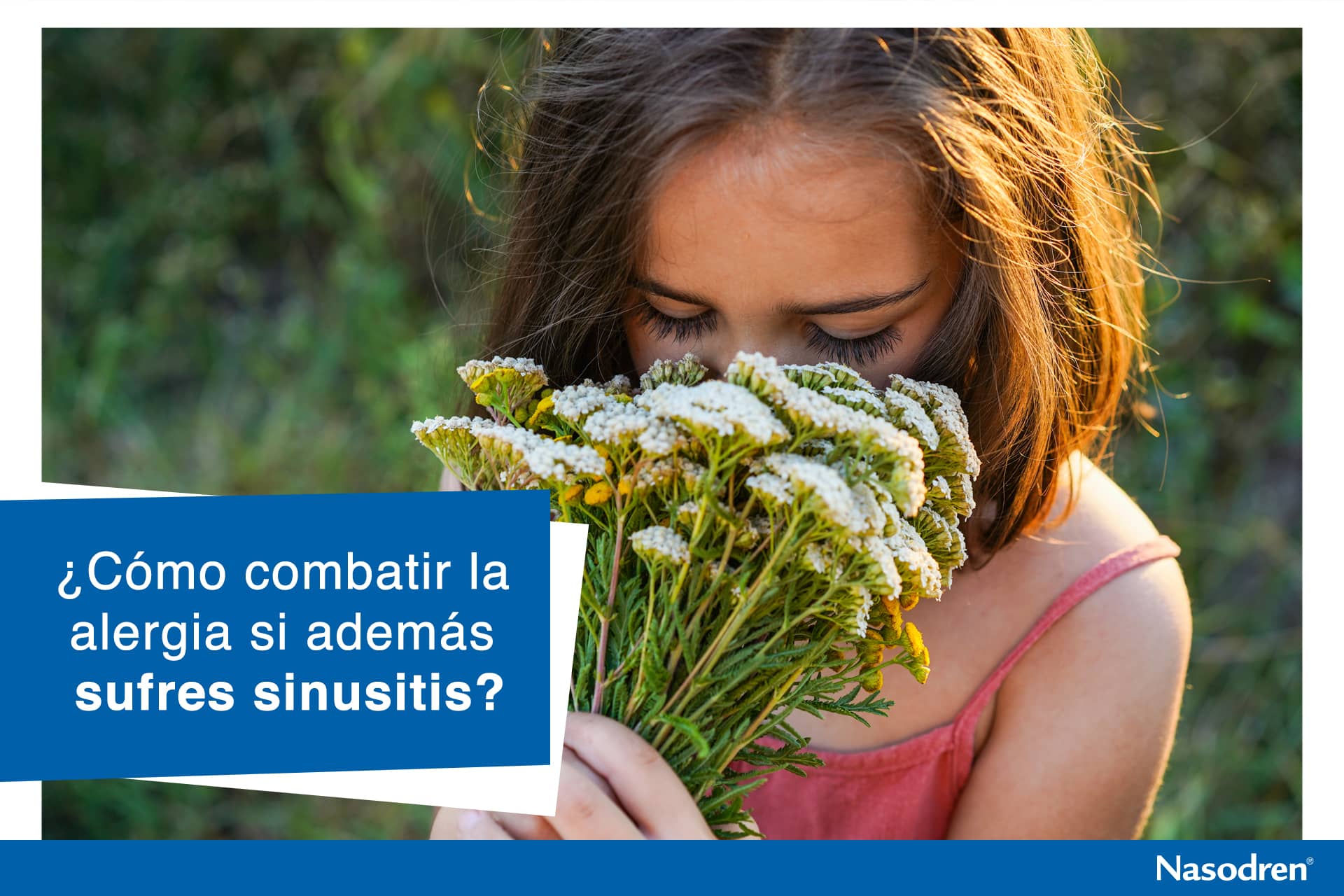 paciente de alergia y sinusitis oliendo un ramo de flores